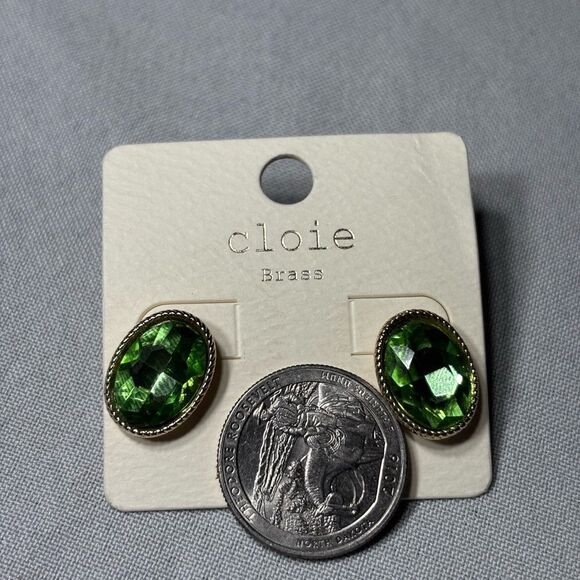 New! Cloie Brass Green Oval Gemstone Earrings - Picture 4 of 4